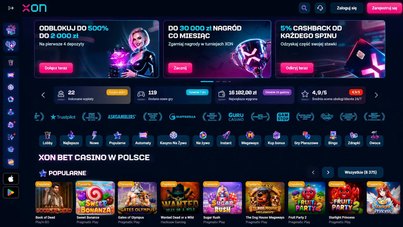 Kasyno online XON.bet – zrzut ekranu platformy